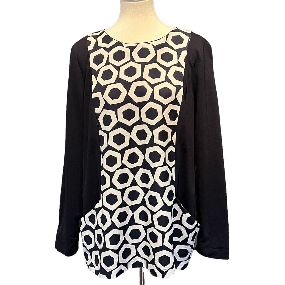 VOYAGE Marina Rinaldi Tunic Top Black White Geometric Print Long Sleeve Large